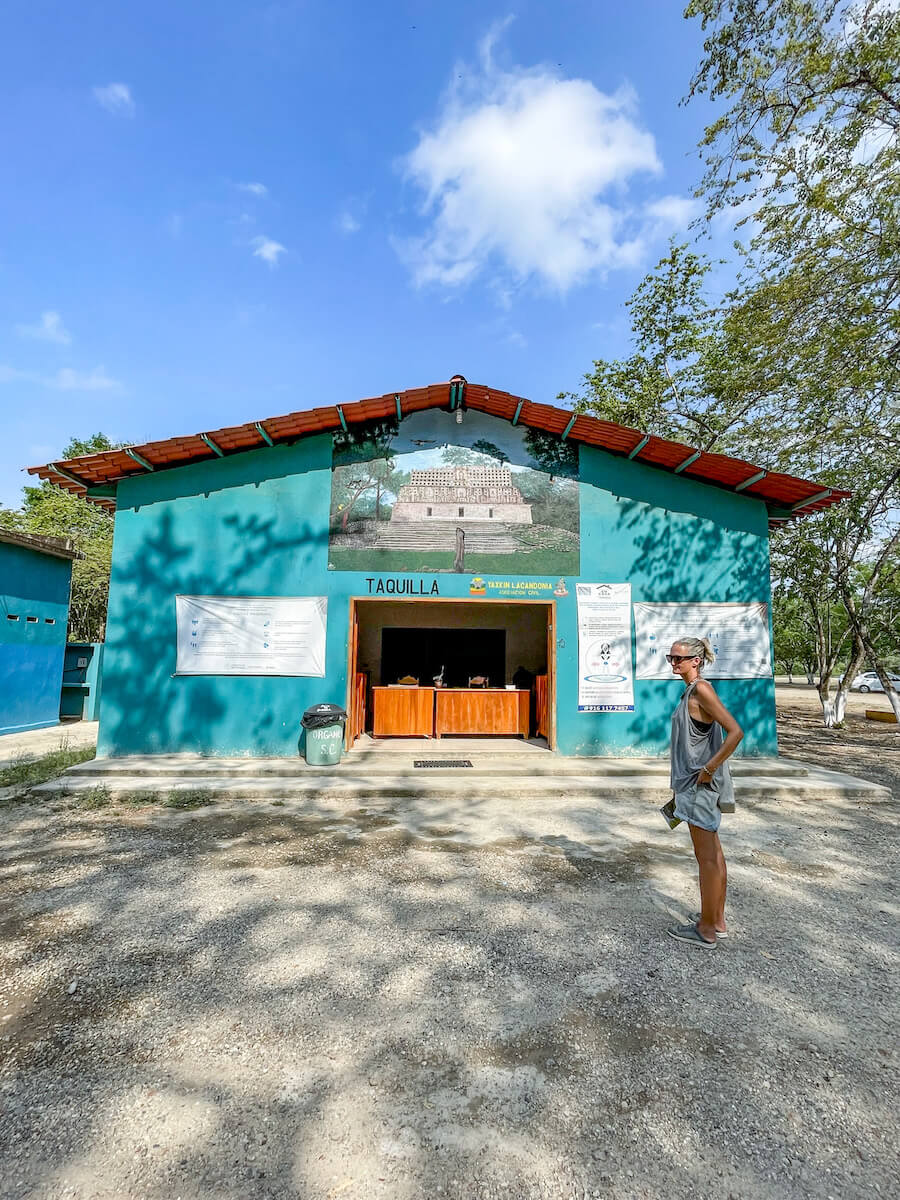 A woman standing outside the ticket office for the Yaxchilán ruins. 