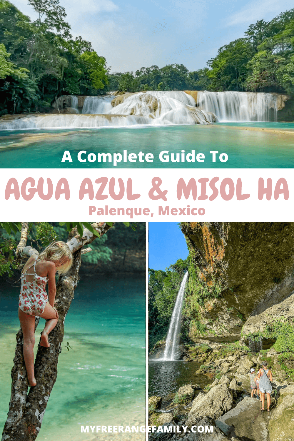 Pinterest pin for Agua Azul and Misol Ha waterfalls in Palenque, Mexico.