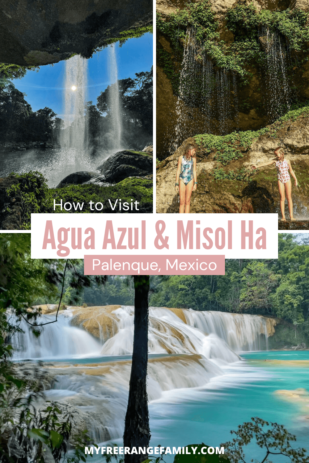 Pinterest pin for Agua Azul and Misol Ha waterfalls in Palenque, Mexico.