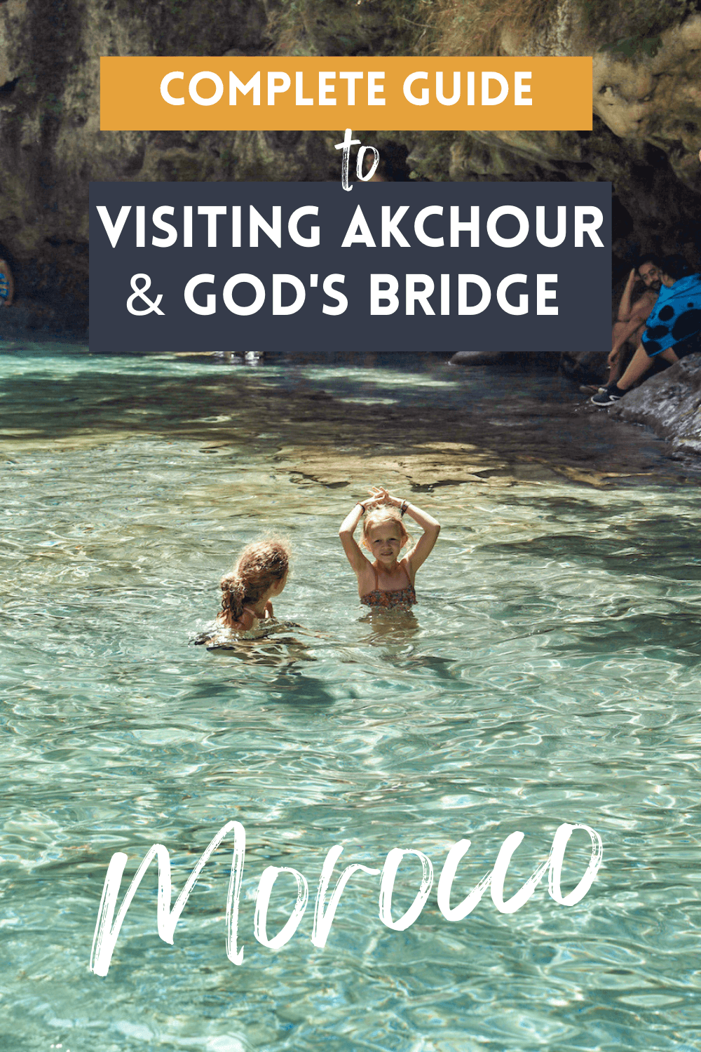 A pin for God's Bridge in Akchour, children swim in a river in Morocco