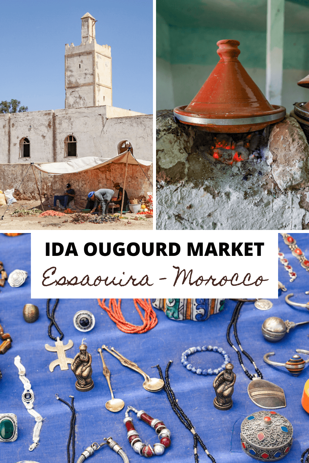 Images from a market in Morocco, including a mosque, a cooking tagine and antique Berber jewellery.