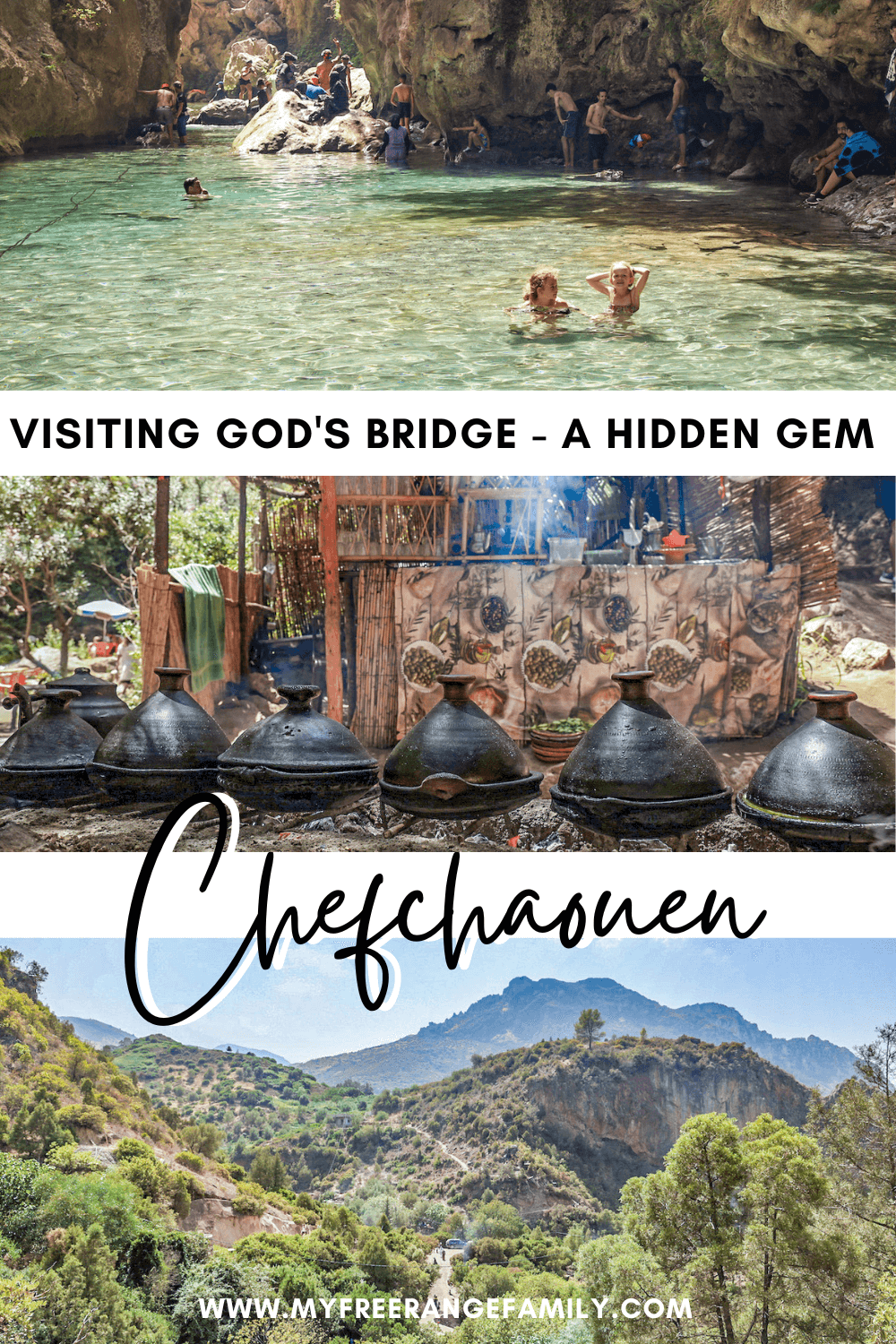 A pin for God's Bridge in Akchour, children swimming, tagines cooking and the Rif Mountains.